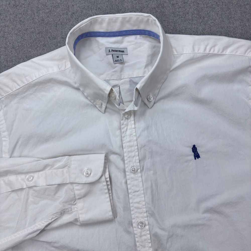 J. Peterman Button Down Shirt Mens Medium White Cotton Long Sleeve Logo Preppy